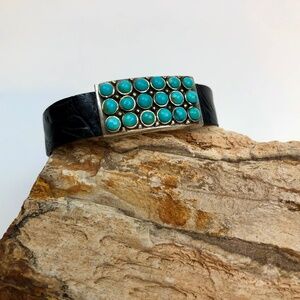 Early Barse Vintage Turquoise Cuff Bracelet | Tooled Leather | Zuni Cluster